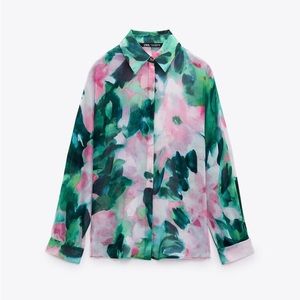 Zara Flowing Green Pink Floral Sheer Long Sleeve Blouse